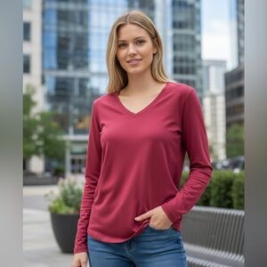 Calvin Klein Women's V-Neck Long Sleeve Top - Rich Burgundy